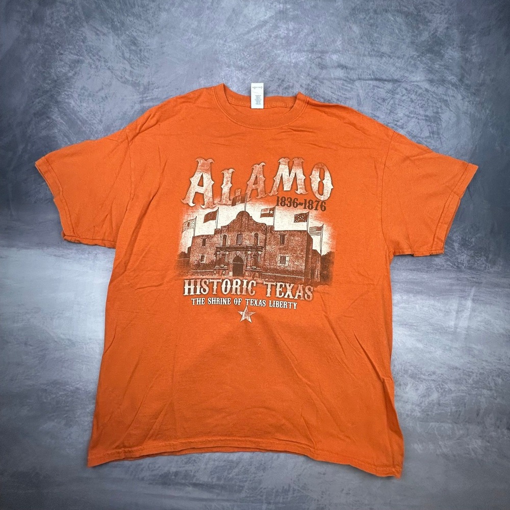 Gildan Alamo Historic Texas Graphic T Shirt‎ Orange Mens XL Boxy Fit Y2K Style - Picture 2 of 6